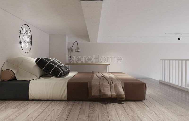 Thiết kế nội thất phòng ngủ trên gác lửng đơn giản nhưng đặc trưng bằng sự độc đáo và nhẹ nhàng.